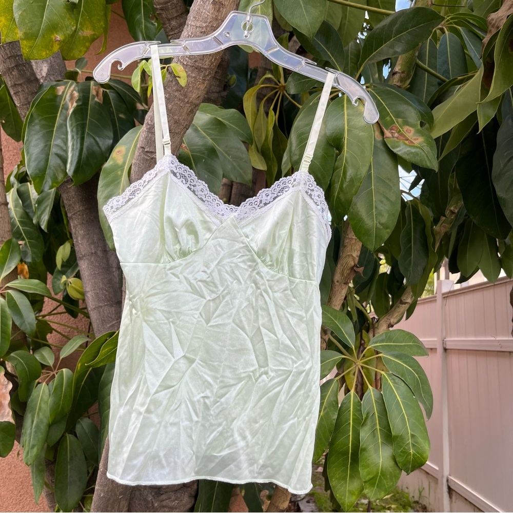 Vintage Deena Light Green Cami with White Lace Detailing.